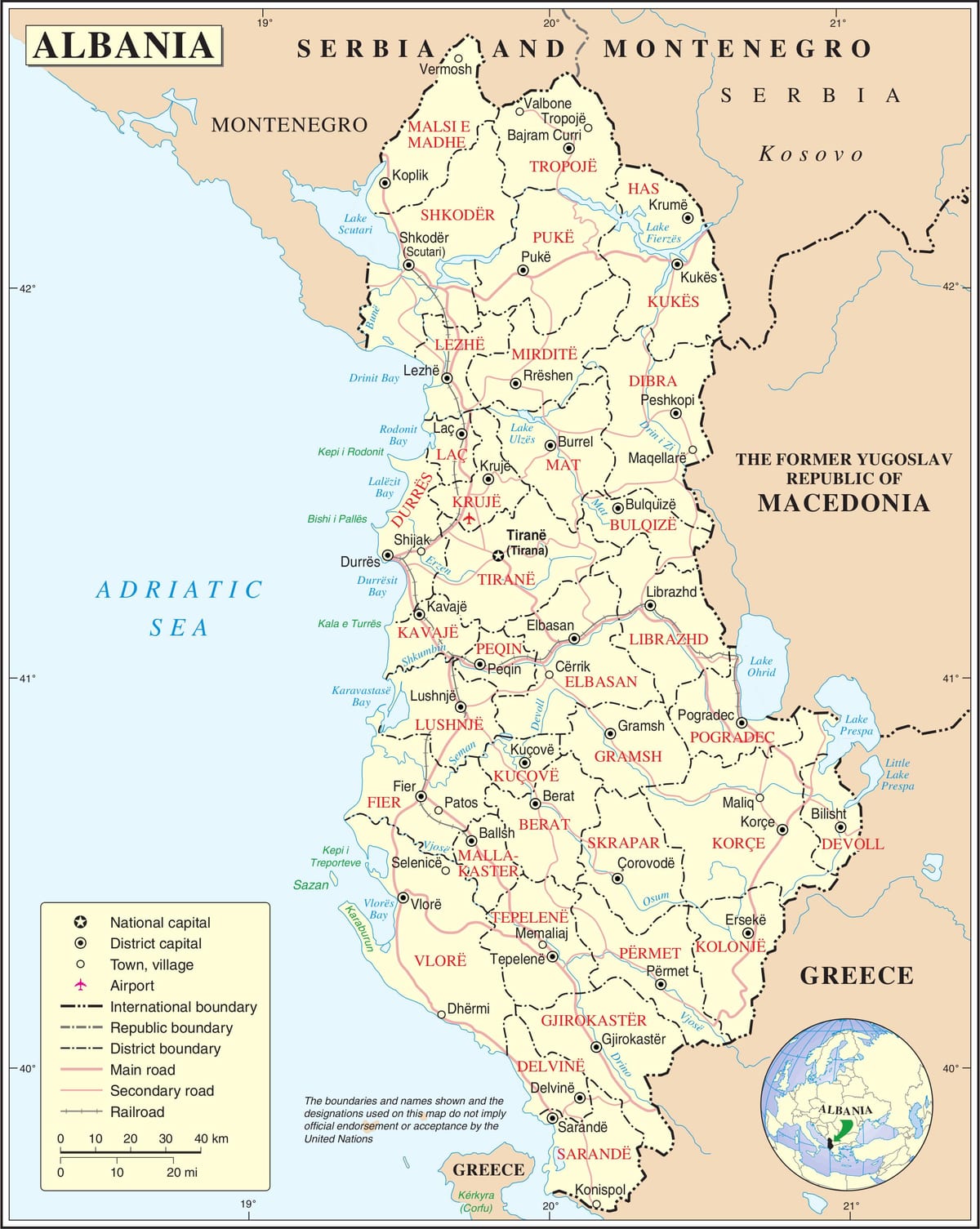карта Албаніі з гарадамі